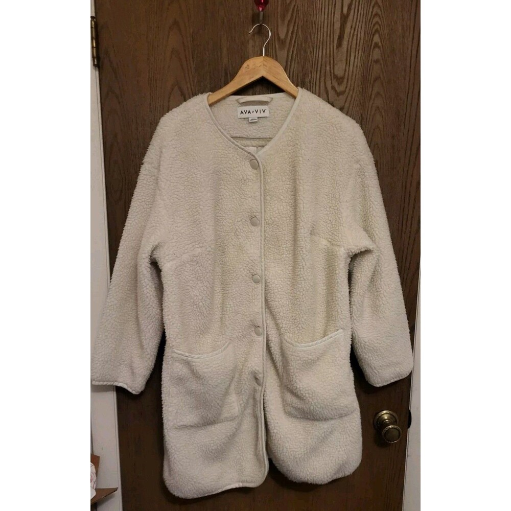 Ava And Viv Womens Sherpa Overcoat Long Cream Ivory Snap Winter Coat Size X 14W